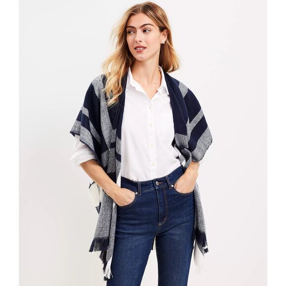 LOFT M/L Boho Blue Poncho Open Front Oversized Shawl Cardigan - Picture 4 of 13